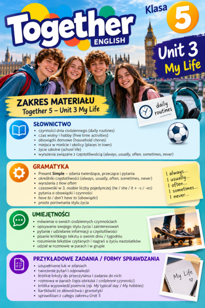 Together 5 – Unit 3 My life – e-book: słówka, gramatyka krok po kroku, ćwiczenia, prace domowe + klucz | klasa 5 | 25 stron