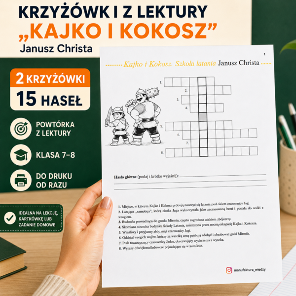 Krzyżówki z lektury „Kajko i Kokosz. Szkoła latania” – 2 karty pracy | kl. 4–6, egzamin ósmoklasisty, powtórzenie