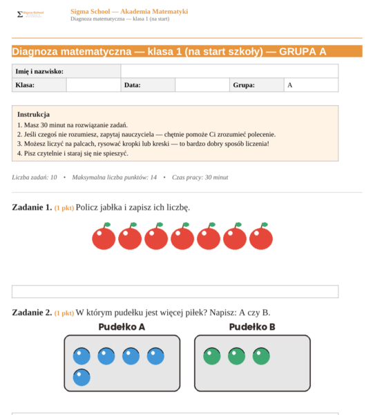 Diagnoza matematyczna – klasa 1 (na start szkoły)