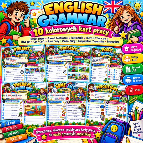 ENGLISH GRAMMAR – 10 KOLOROWYCH KART PRACY A4 | najważniejsza gramatyka angielska | klasy 4–8 | PDF do druku