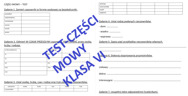 Odmienne części mowy - test, kartkówka dla klasy VI