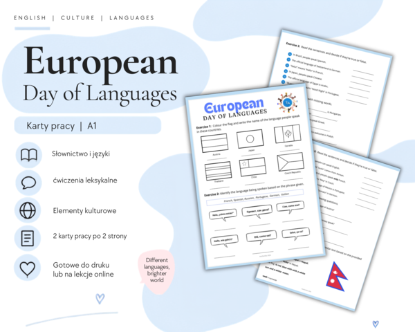 European Day of Languages Worksheet - Europejski Dzień Języków obcych - karta pracy, języka angielski, poziom podstawowy