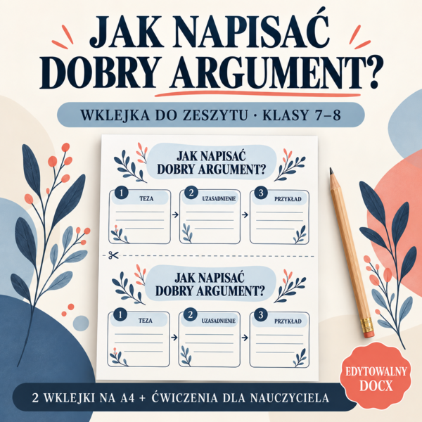 JAK NAPISAĆ DOBRY ARGUMENT? – wklejka do zeszytu dla klas 7–8 | przykład, checklista i ćwiczenia dla nauczyciela