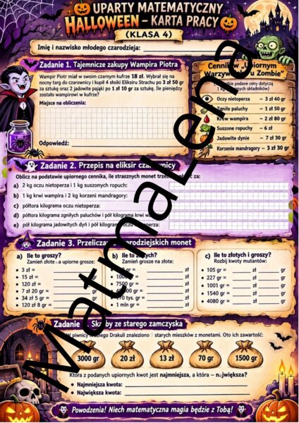 Karta pracy Haloween klasa 4 SP szkoła podstawowa  GWO 2. Jednostki monetarne - złote i grosze