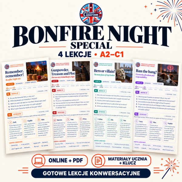 BONFIRE NIGHT SPECIAL 🔥 4 gotowe lekcje angielskiego A2–C1 | Online + PDF