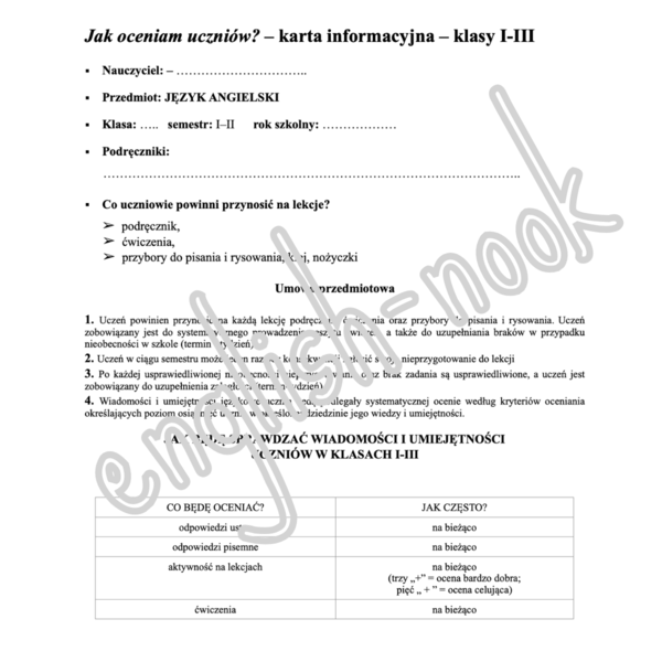 Karta informacyjna JAK OCENIAM - klasy 1-3