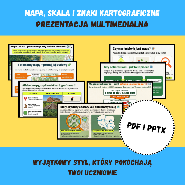 Geografia Klasa 5: Mapa, skala i znaki kartograficzne – Prezentacja multimedialna (PDF + PPTX, nowa podstawa)