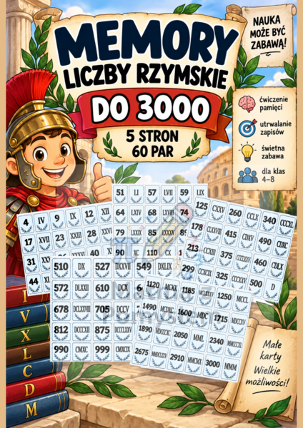 Memory – liczby rzymskie do 3000 | 60 par | 5 stron
