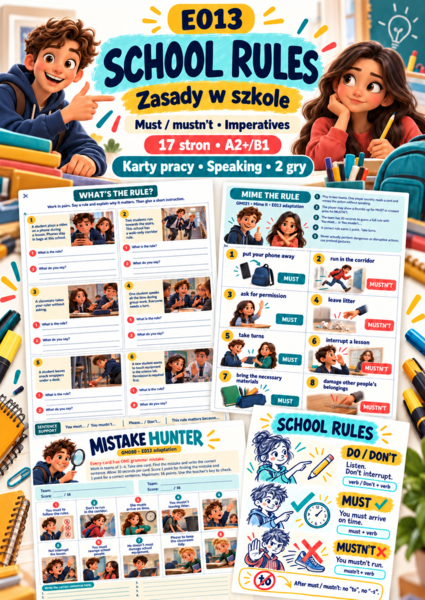 E013 School Rules – Zasady w szkole | must / mustn’t, imperatives | 17 stron, speaking i 2 gry | A2+/B1