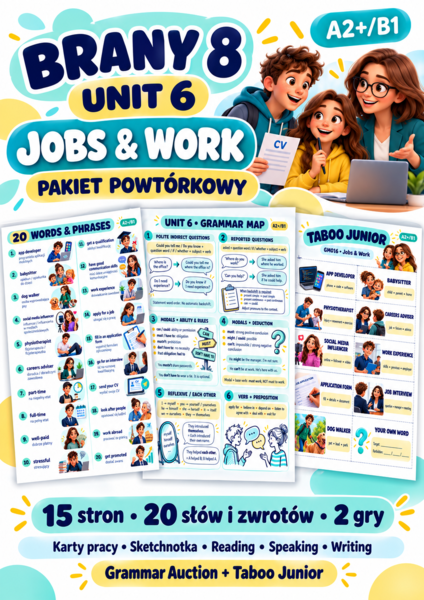 Brainy 8 Unit 6 – Jobs & Work | Powtórka A2+/B1 | 15 stron, sketchnotka i 2 gry