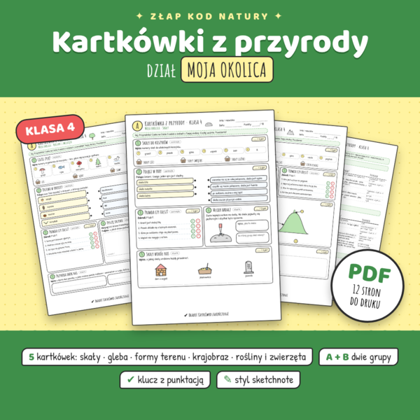 Kartkówki z przyrody kl. 4 – MOJA OKOLICA | 5 kartkówek, grupy A i B + klucz | Sketchnote (PDF)