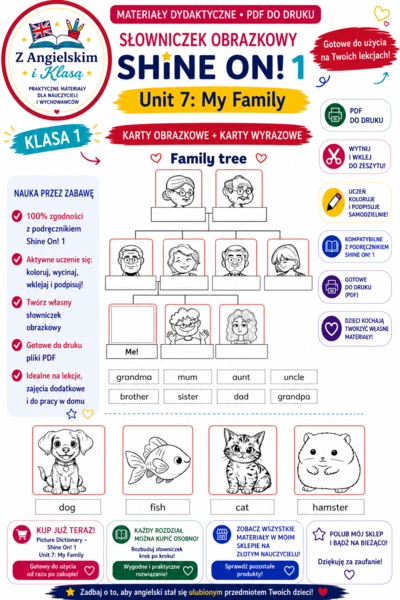 Shine On! 1 – Unit 7: My Family | Karty obrazkowe i karty wyrazowe | PDF do druku