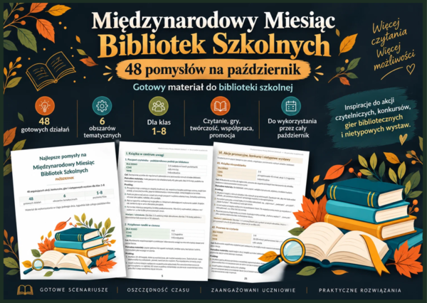 🍁 Bank pomysłów na Międzynarodowy Miesiąc Bibliotek Szkolnych – 48 działań dla klas 1–8