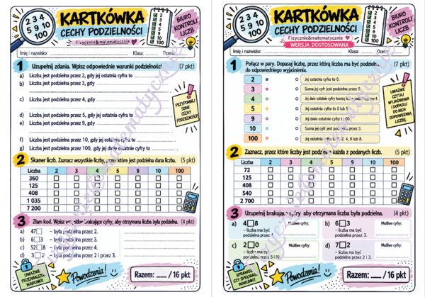 Kartkówka – Cechy podzielności liczb | Matematyka | Klasa 5-7 | Wersja podstawowa i dostosowana + klucze odpowiedzi