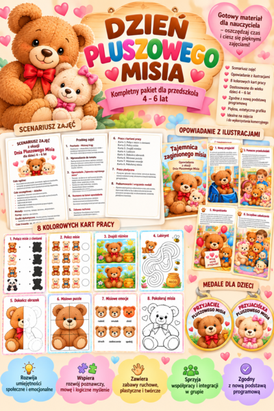 Misiowa wyprawa po skarb przyjaźni - scenariusz  na dzień pluszowego misia dla 4-6 latków, opowiadanie z ilustracjami, 8 kart pracy, medale