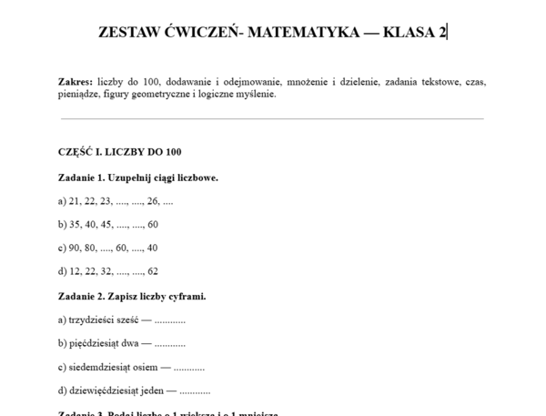 Zestaw ćwiczeń matematyka klasa II