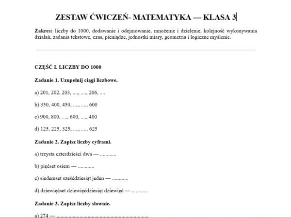 Zestaw ćwiczeń matematyka klasa III