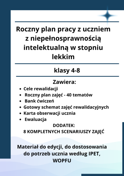 Roczny plan pracy z uczniem z niepełnosprawnością intelektualną w stopniu lekkim dla klas 4-8