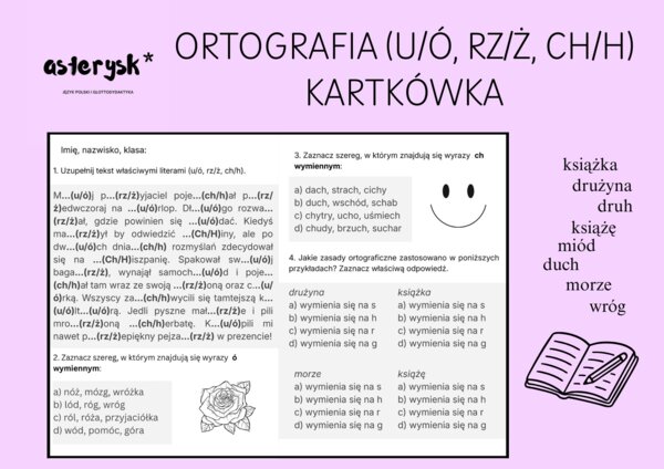Ortografia (u/ó, rz/ż, ch/h) - kartkówka