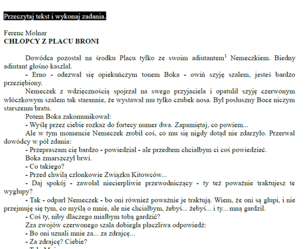 Chłopcy z Placu Broni - arkusz zgodny z wymaganiami na  rok szkolny 2026/2027