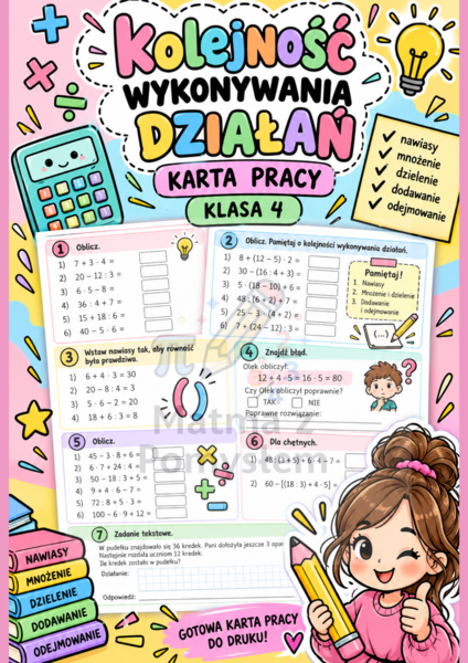 Kolejność wykonywania działań – karta pracy | klasa 4