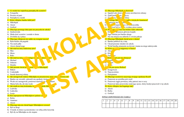 Mikołajek - test wielokrotnego wyboru, abc, klasa IV