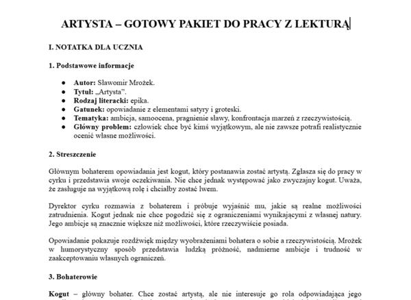 Artysta- gotowy pakiet do pracy z lekturą