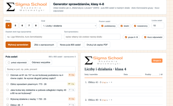 Generator sprawdzianów z matematyki, klasy 4–8 (32 000 zadań, dwie grupy, klucz)