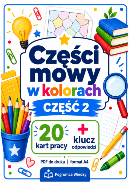 Części mowy w kolorach – część 2 | 20 kart pracy + klucz odpowiedzi