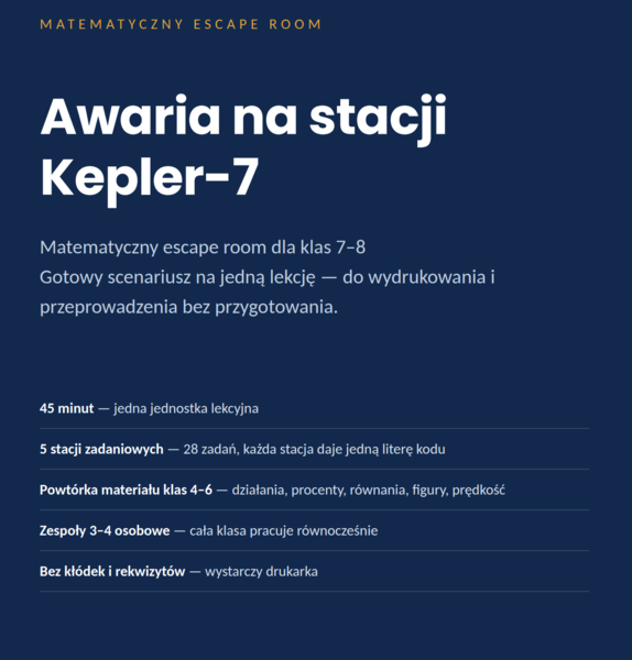 Escape room matematyczny: Awaria na stacji Kepler-7 — powtórka klas 4–6 (klasy 7–8, PDF)