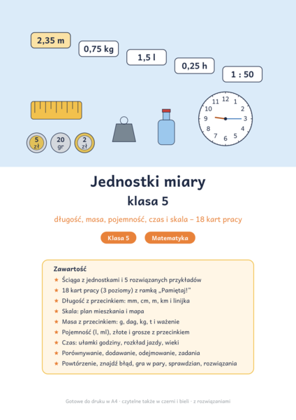 Jednostki miary klasa 5: długość, masa, pojemność, czas i skala – karty pracy
