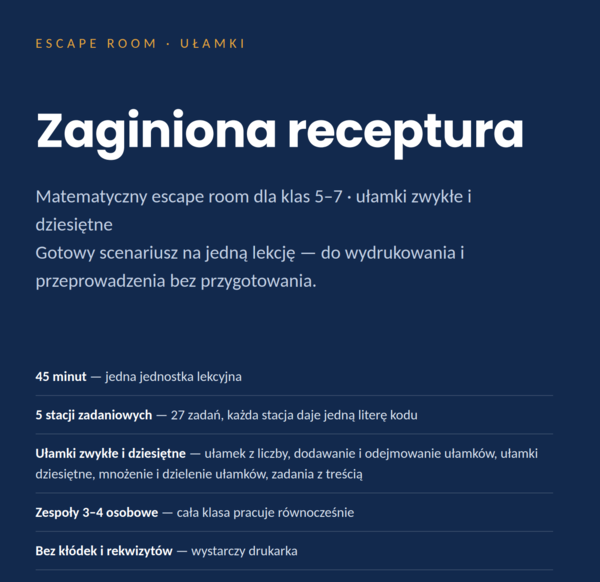 Escape room matematyczny: Zaginiona receptura — ułamki (klasy 5–7, PDF)