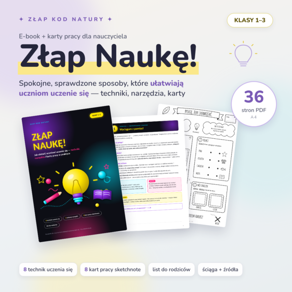 Złap Naukę! Jak ułatwić uczniowi uczenie się – 8 technik, narzędzia i 8 kart pracy sketchnote | klasy 1–3 | e-book PDF, 36 stron