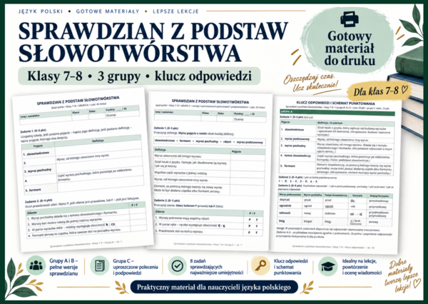 📚 SPRAWDZIAN Z PODSTAW SŁOWOTWÓRSTWA – klasa 7-8 | 3 grupy + klucz odpowiedzi