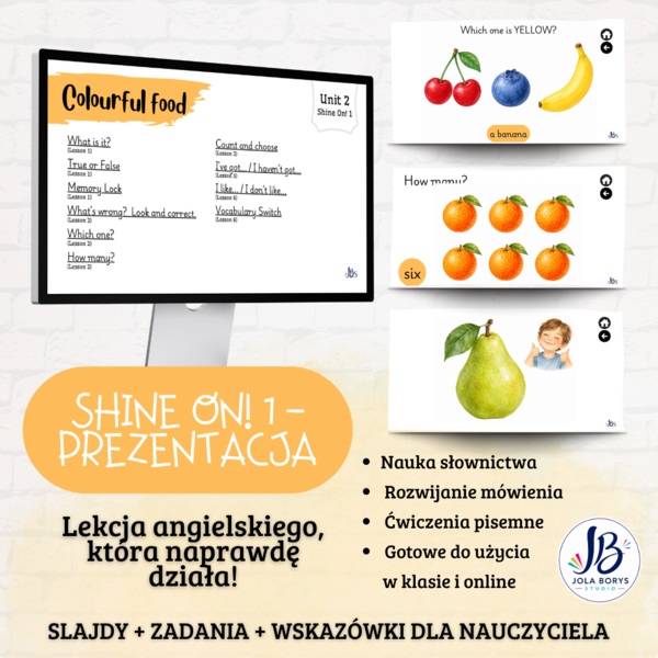 Shine On! 1 – Unit 2: Colourful Food | prezentacja do lekcji – ponad 200 slajdów + gry i ćwiczenia