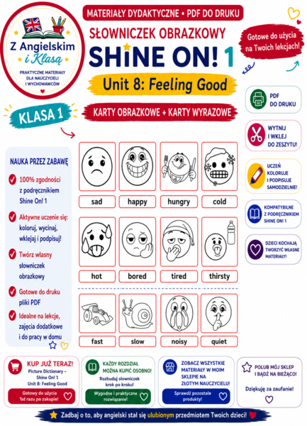 Shine On! 1 – Unit 8: Feeling Good | Karty obrazkowe i karty wyrazowe | PDF do druku