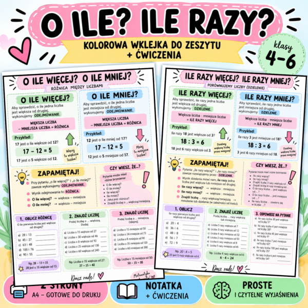 O ile więcej? O ile mniej? Ile razy więcej? Ile razy mniej? – wklejki do zeszytu + ćwiczenia | kl. 4–6