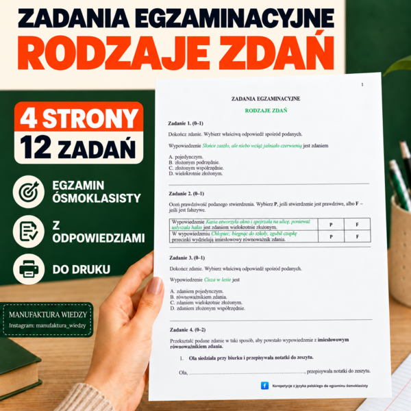 Karty pracy - Rodzaje zdań – zadania egzaminacyjne z języka polskiego | Zdania pojedyncze, zdania złożone podrzędnie, zdania złożone współrzędnie, zdania wielokrotnie złożone, równoważnik zdania, imiesłowowy równoważnik zdania