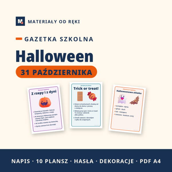 Gazetka na Halloween 31 października: napis, 10 plansz o tradycjach krajów anglojęzycznych, hasła i dekoracje, klasy 1-3