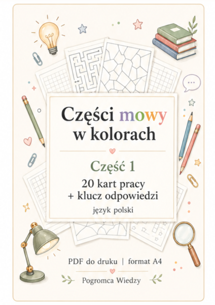 Części mowy w kolorach – część 1 | 20 kart pracy + klucz odpowiedzi