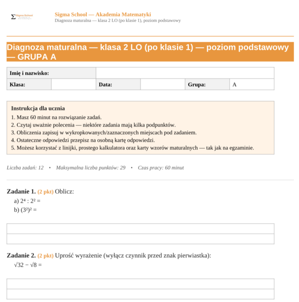 Diagnoza z matematyki – klasa 2 LO (poziom podstawowy)