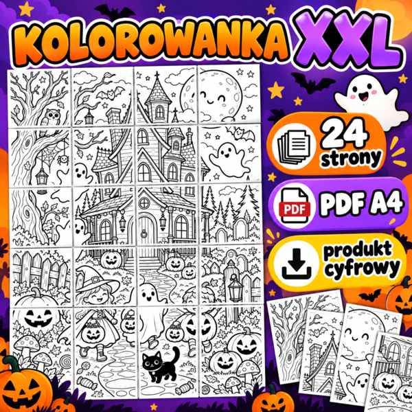 Halloween – Wesoły nawiedzony dom | Kolorowanka XXL – 24 strony A4 do druku | PDF