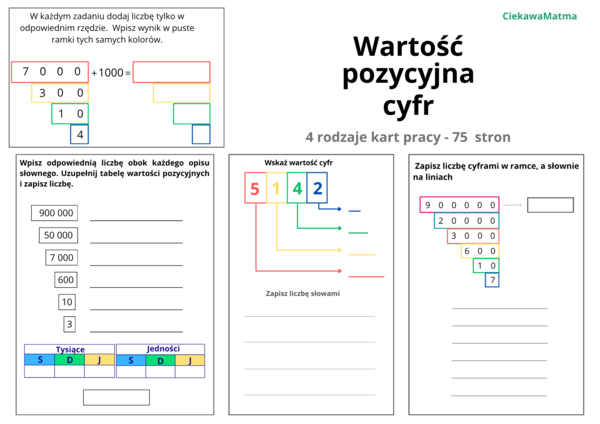 LICZBY,  WARTOŚĆ  POZYCYJNA  I  ZAPIS  LICZB  - 75  STRON  MATEMATYCZNYCH  ĆWICZEŃ