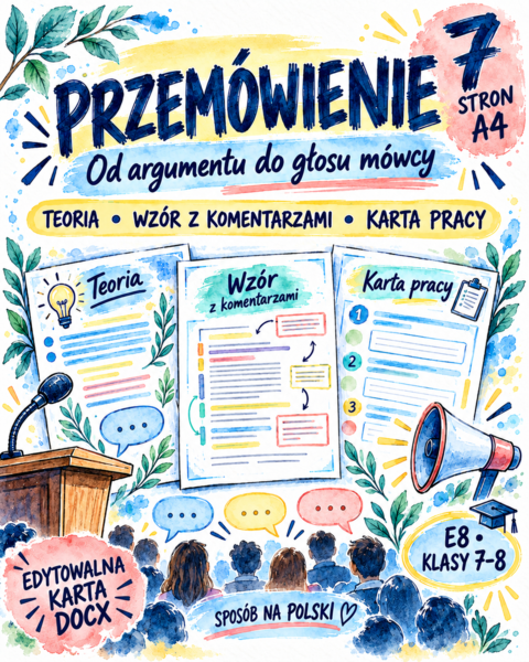 Przemówienie bez tajemnic – teoria, wzór z komentarzami i edytowalna karta pracy | E8