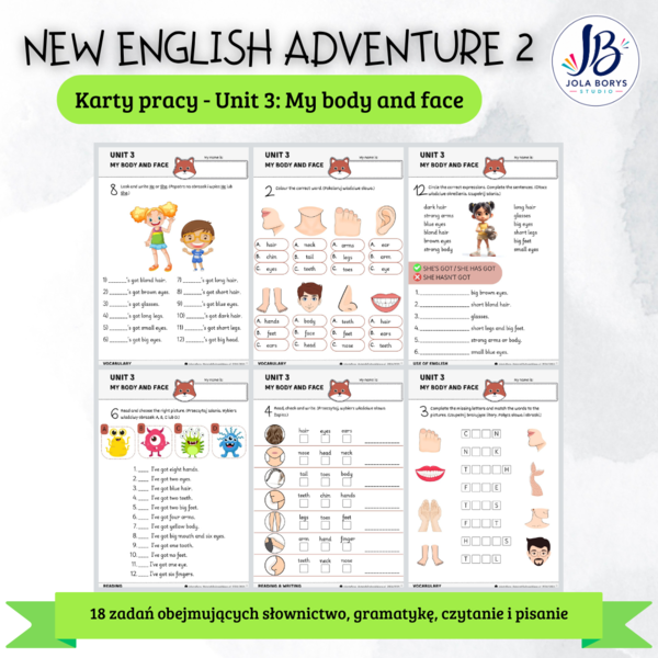 New English Adventure 2 – Unit 3: My Body and Face – karty pracy