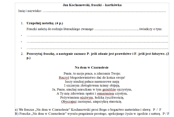 Kartkówka fraszki Jana Kochanowskiego