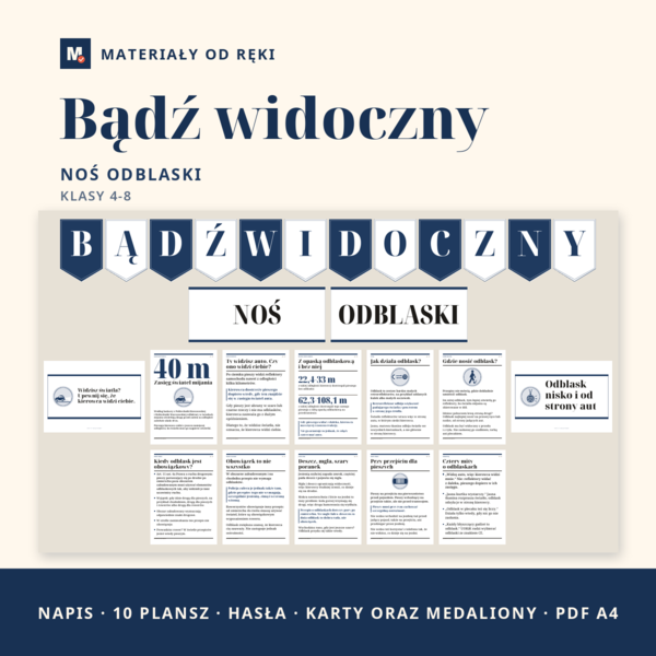 Gazetka Bądź widoczny, noś odblaski: napis, 10 plansz o widoczności pieszych, przepisach i dobrych radach, hasła i karty, klasy 4-8