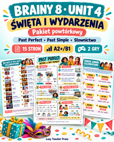 Brainy 8 Unit 4 – Święta i wydarzenia | Past Perfect, karty pracy i 2 gry | 15 stron