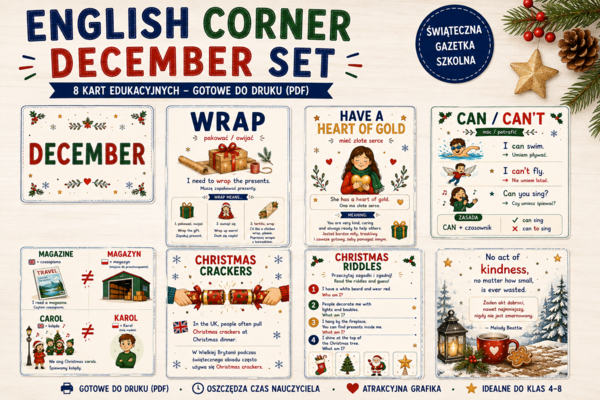 English Corner – GRUDZIEŃ | Zestaw wymiennych kart do gazetki szkolnej | Dekoracja pracowni języka angielskiego PDF