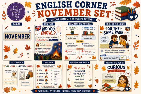 English Corner – LISTOPAD | Zestaw wymiennych kart do gazetki szkolnej | Dekoracja pracowni języka angielskiego PDF